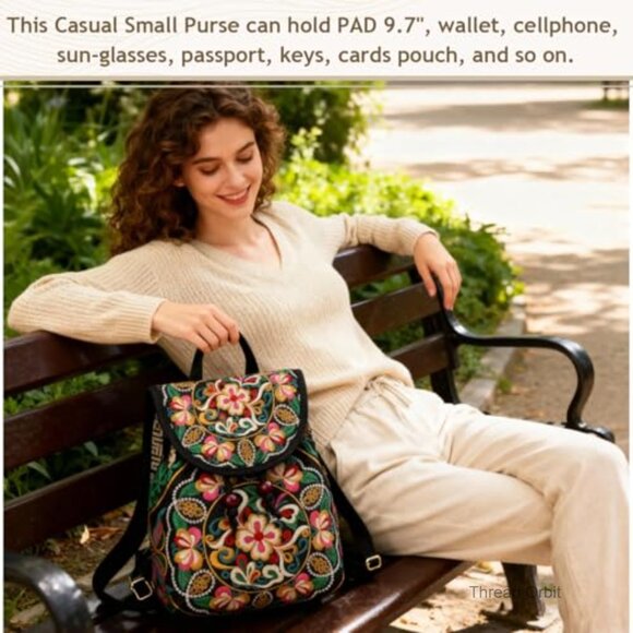 Floral Embroidery Canvas Backpack Small Daypack Drawstring Shoulder Bag